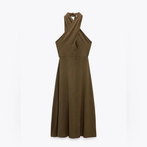 NWT // Zara Linen Blend Midi Halter Dress - Khaki Green - Picture 5 of 7